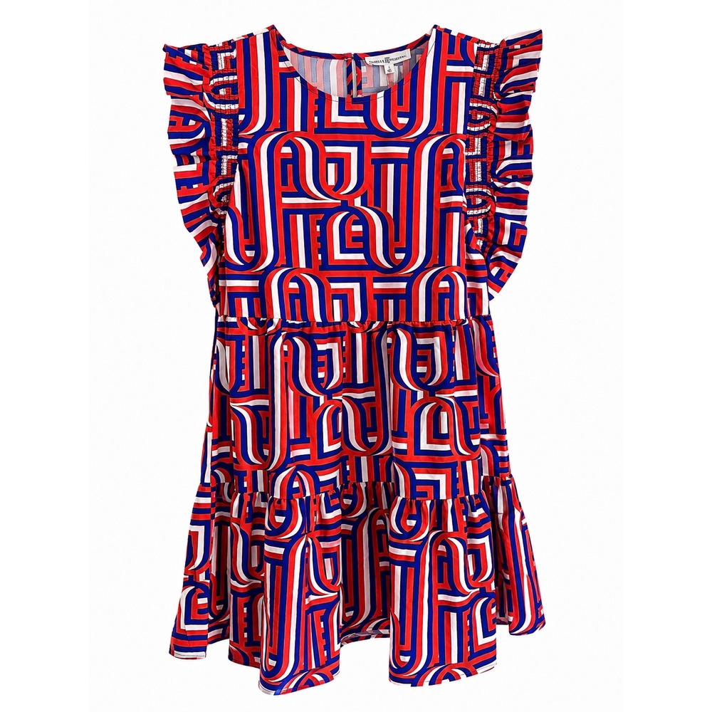 NWT Michelle McDowell Everly Dress Small Blue Orange Geometric Ruffle Tiered